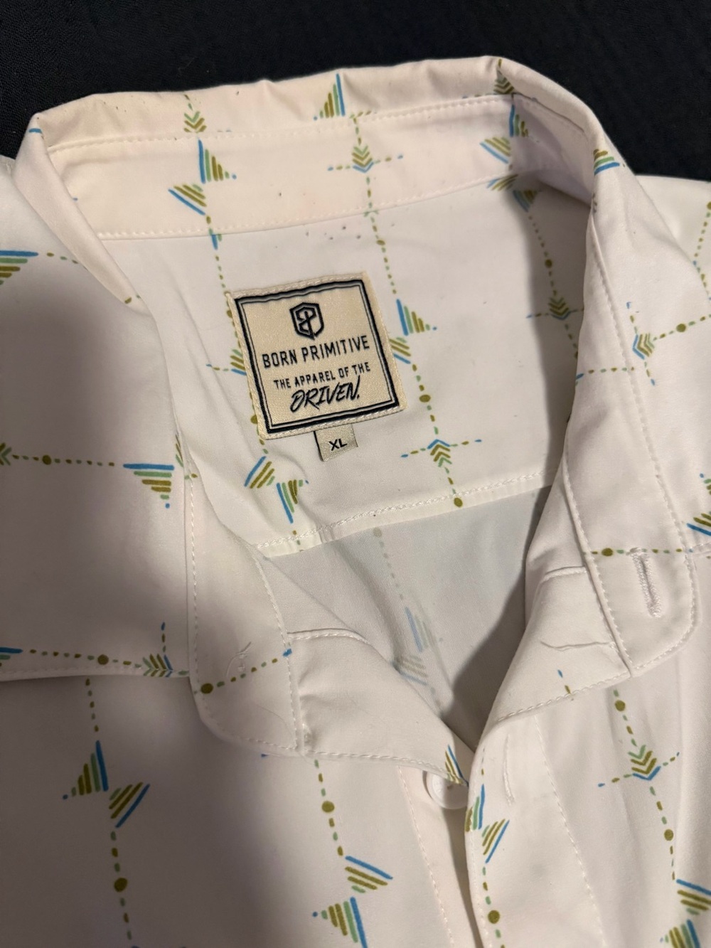 Born Primitive White Short-Sleeve Button Down with Green & Blue Geometric Print